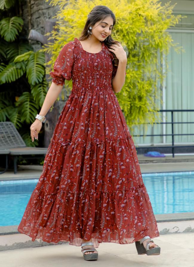 Georgette Maroon Party Wear Printed Readymade Maxi Dress